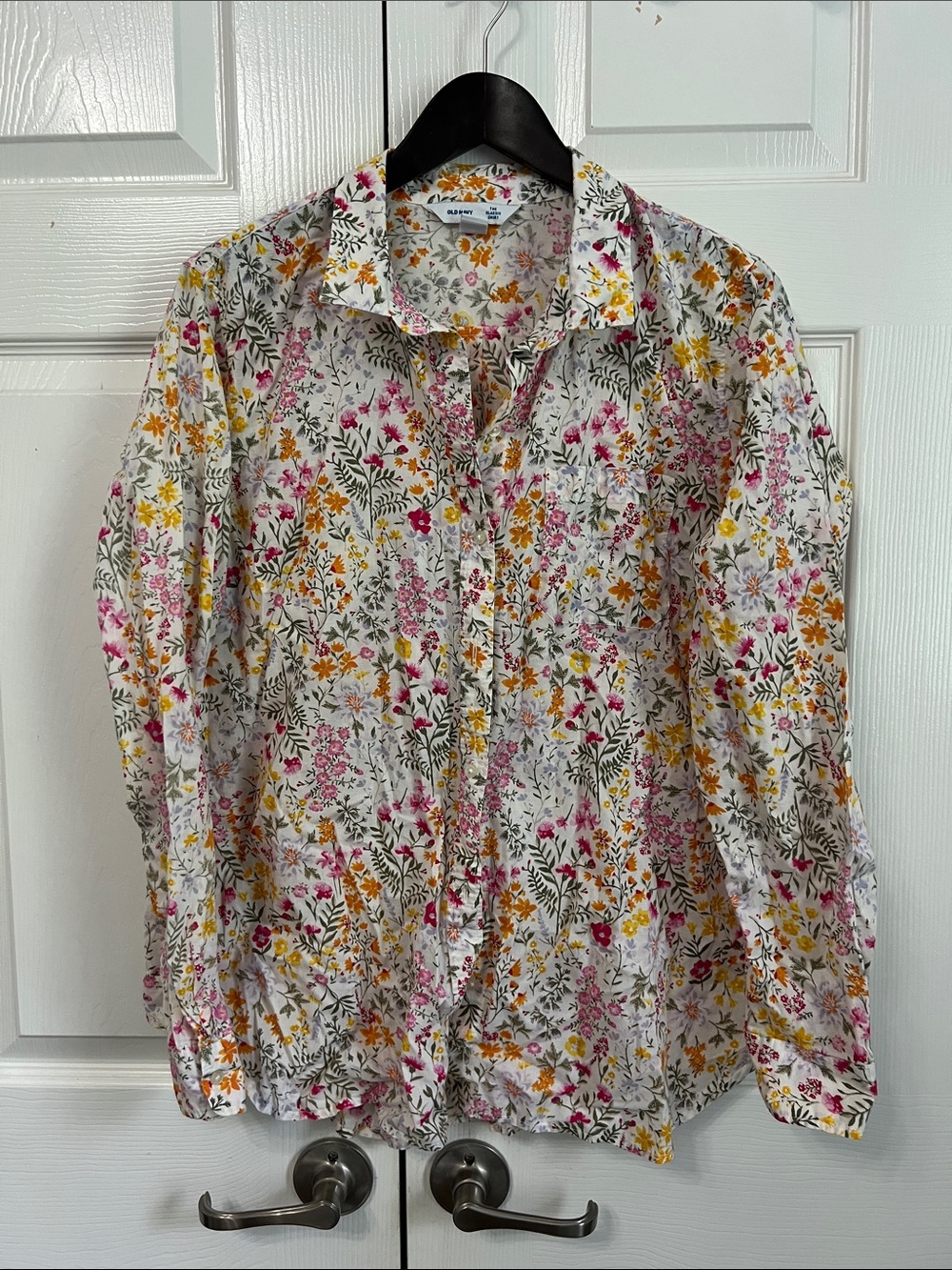 Old Navy Floral Button-Down Shirt in White with Pink & Yellow Flowers